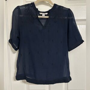 Old Navy Navy Sheer V-Neck Short Sleeve Blouse